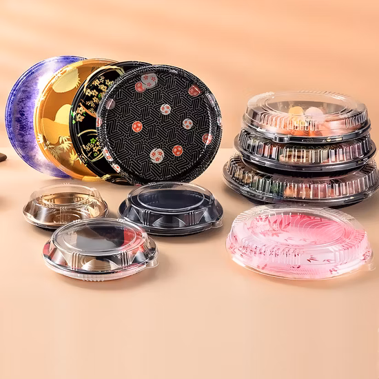 Plateau de fête de Sushi rond jetable à 6 compartiments, plusieurs tailles, plateau à Sushi avec Anti